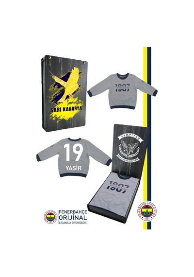 Fenerium Fenerbahçe Lisanslı Kişiye Özel Uzun Kol Lacivert Bebek 1907 Sweat Hediyelik Ahşap Kutulu Gri