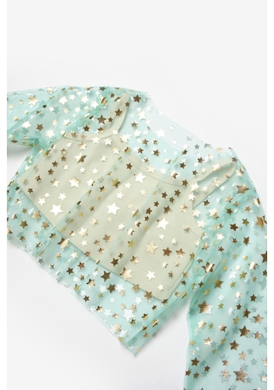 Le Mabelle Mint Uzun Kollu Yıldızlı Kız Çocuk Tül Crop Mint