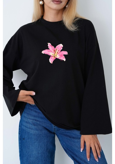 Medinenur Kadın Lily Çiçeğ Baskılı Uzun Kollu Oversize Body Siyah