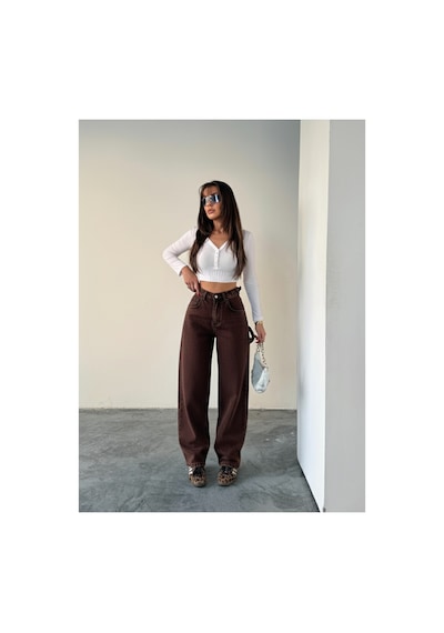 Bluemarlin Yan Kemer Kahve Tokalı Kargo Cep Detaylı Baggy Jeans Kahve Taş Yıkama