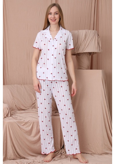 Wordex Mirano 1702 Kiraz Desenli Pointel İnce Kumaş Düğmeli Kısa Kollu Kadın Pijama Takımı Beyaz Wordex Mirano 1702 Kiraz Desenli Pointel İnce Kumaş Düğmeli Kısa Kollu Kadın Pijama Takımı Beyaz