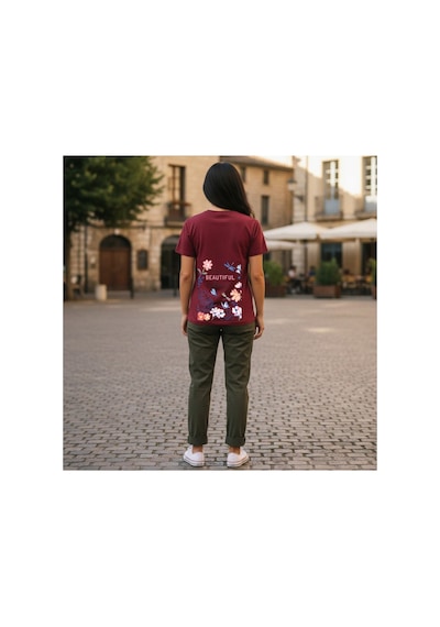 Urbantrendstore Unisex Çiçek Desen Flowers Oversize Fit Rahat Geniş Salaş T-shirt Günlük Tişört Bordo