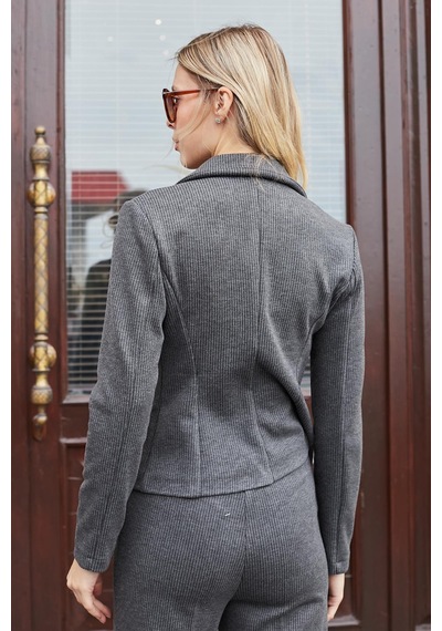 Kadın Hafif Esnek Fitilli Kumaş Yakalı Cep Kapaklı Uzun Kol Blazer Ceket-antrasit Antrasit Kadın Hafif Esnek Fitilli Kumaş Yakalı Cep Kapaklı Uzun Kol Blazer Ceket-antrasit Antrasit