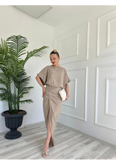 Keymoda Kadın Keten Elbise Vizon Vizon