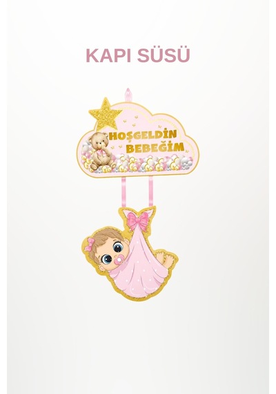 Hoş Geldin Bebeğim Kız Kapı Süsü Pembe Ayıcıklı Hastane Odası Kapı Süsü & Bebek Karşılama Dekoru