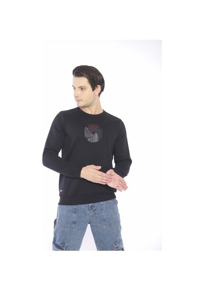 Escetic Erkek Spor Slimfit, Bisiklet Yaka Siyah Sweatshirt-4264 Siyah