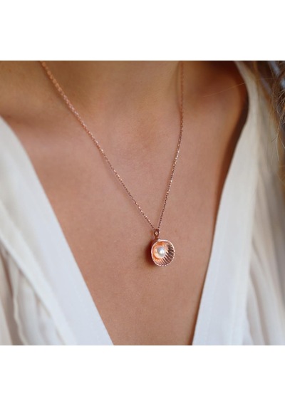 İstiridye İnci Rose Gold Kaplama Gümüş Kolye Gümüş