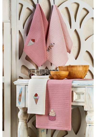 Eponj Home 6lı Kurulama Peçetesi Nakışlı 40x60 Dondurma Pembe-krem