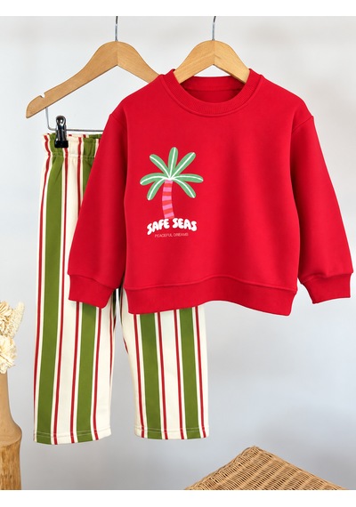 Elzo Collection Unisex Palmiye Baskılı Kırmızı Sweatshirt Çizgili Alt Eşofman 3 İplik Kumaş Alt Üst Takım Çok Renkli Elzo Collection Unisex Palmiye Baskılı Kırmızı Sweatshirt Çizgili Alt Eşofman 3 İplik Kumaş Alt Üst Takım Çok Renkli