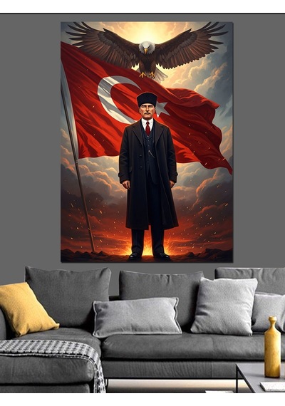 Türk Bayrağı Önünde Atatürk Silüeti Dekoratif Kanvas - Mdf Ahşap Tablo