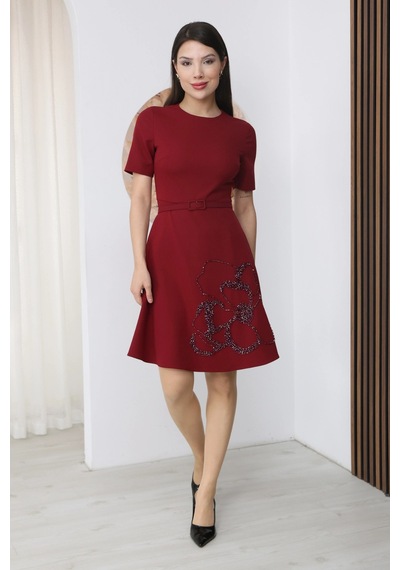 Lodmela Nursel Ergin İşleme Detaylı Kemerli Elbise 6082-bordo