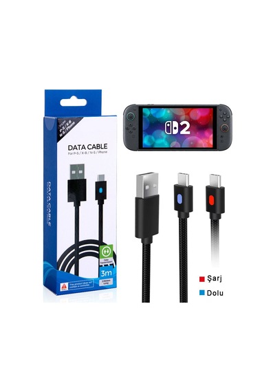 Switch 2 Şarj Kablosu 3 Metre Led Göstergeli Ns2 Oyun Konsolu Type-c Örgü Kablo