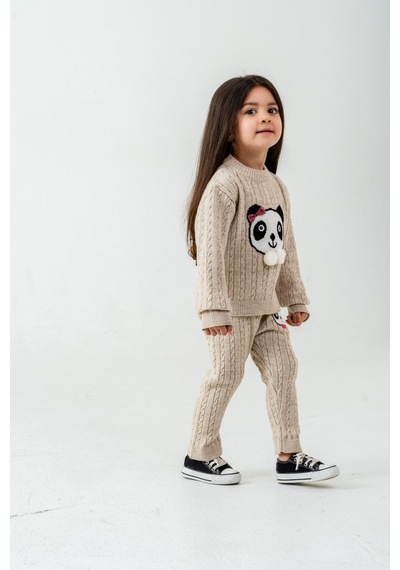 Babyhola 1-5 Yaş Kız Çocuk Panda Desenli Saç Örgü Kışlık Triko Takım 23217 Bej