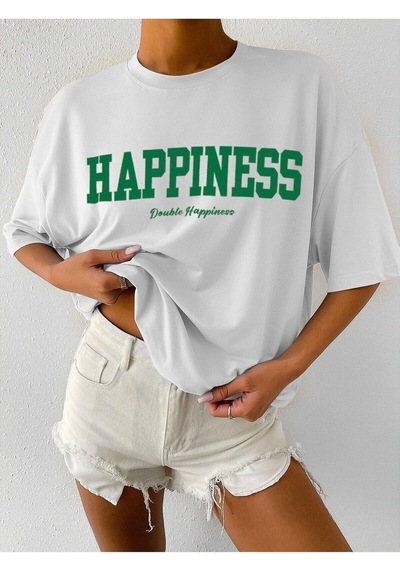 Flood Of Style Kadın Beyaz Happıness Baskılı Oversize Tshirt
