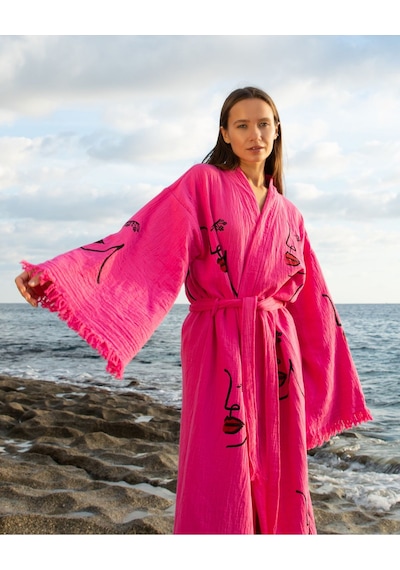 Befera Müslin Kimono Pamuklu Kadın Silüeti Desenli Bornoz Kaftan Sabahlık Fuşya