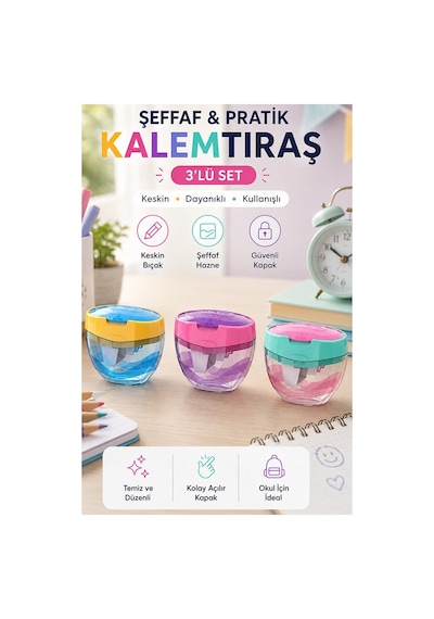 Pastel Renkli Kalemtraş 3 Adet Keyroad 972414 Şeffaf Hazneli Üç Gözlü Kalem Açacağı Plastik Kalemtıraş Kalem Traş Okul