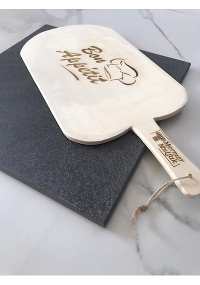 Tr Doğal Bazalt Fırın Taşı 30x30cm &amp Ahşap Fırın Küreği - Fırın Tasi, Pizza Tasi, Ekmek Tasi, Mangal T