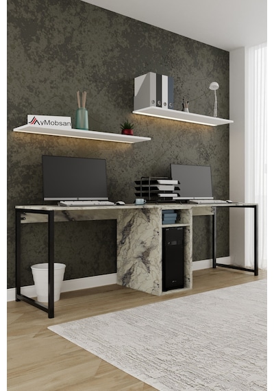 Twin 2 Kişilik Raflı Çalışma Masası Ofis Bilgisayar Masası - Mermer Desenli Mermer Desen Twin 2 Kişilik Raflı Çalışma Masası Ofis Bilgisayar Masası - Mermer Desenli Mermer Desen