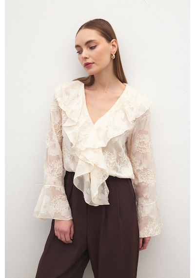 Sateen Fırfır Detaylı Nakışlı Gömlek - Bej-137182 bej