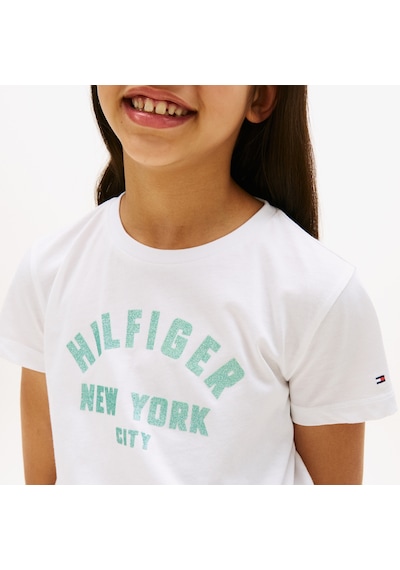 Tommy Hilfiger Glitter Curve Nyc Logo Çocuk Beyaz T-shirt Kg0kg08813 Beyaz