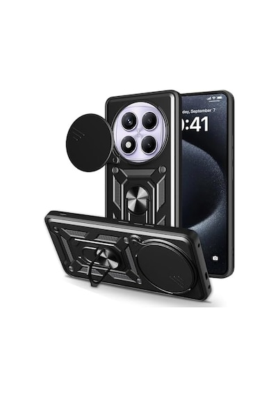 Xiaomi İle Uyumlu Redmi Note 14 Pro 4g Kılıf Magnetik Standlı Kamera Korumalı Zore Sürgülü Vega Kapak Siyah