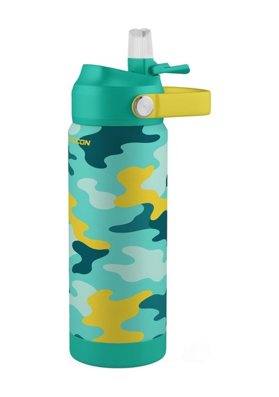 Puccon 540 Ml Kamuflaj Desenli Yeşil - Sarı Erkek Çocuk Pipetli Çelik Termos Matara/suluk - 60035