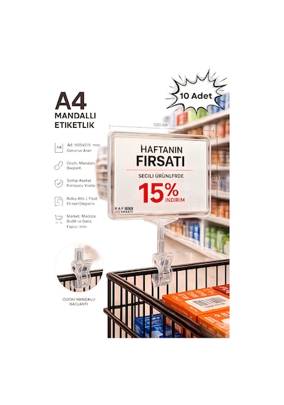 10 Adet - A4 Mandallı Fiyatlık Etiketlik Sepet Raf Askılık Fiyat Etiketi Çerçeveli Market Mağaza Şeffaf