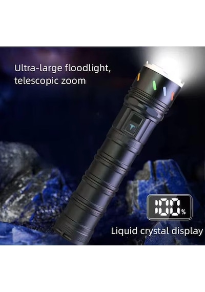 7200 Mah Powerbank Özellikli El Feneri 9000 Lümen Zoom Özellikli Metal Kasa Şarjlı El Feneri, Type-c İle Şarj