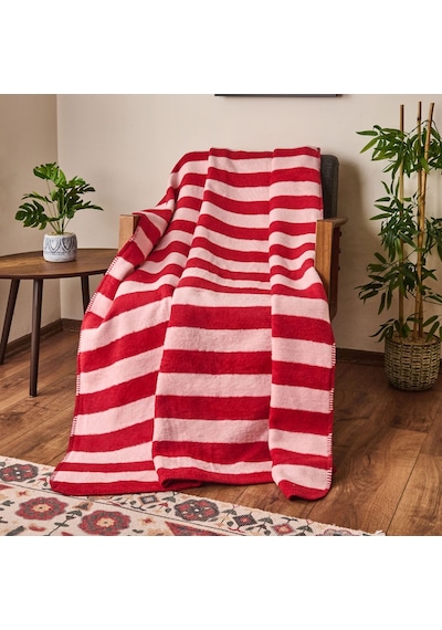Soft Çizgili Pamuklu Tv Battaniyesi - Pembe / Kırmızı - 130x170 Cm Çok Renkli