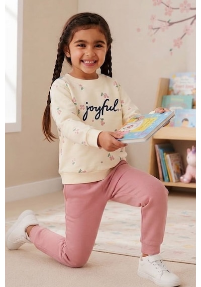 Pina Kids Kız Çocuk Kirazlı Desenli Okul Günlük Eşofman Takımı Esf7034 Pudra