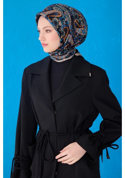 BELLİ Saf İpek Eşarp 4101d02 Sura İpek -3683 - 90 X 90 / Siyah - Petrol Siyah - Petrol
