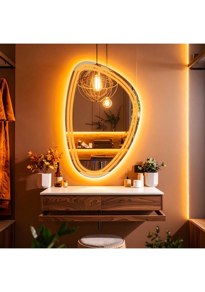 Elan Asym Amber Led'li Kumlamalı Lavabo & Banyo Aynası Dokunmatik Sensörlü 100 X 65 Cm Turuncu