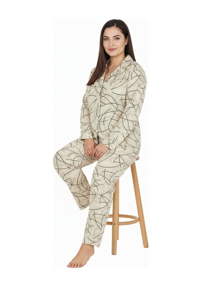 Bravie Luxury Soft Ekru Çizgi Desenli Uzun Kollu Kadın Pijama Takımı Büyük Beden 3015 Ekru