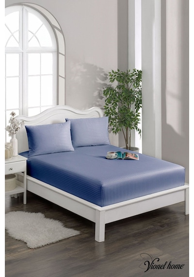 %100 Pamuk Çizgili Saten Tek / Çift Kişilik Lastikli Çarşaf Seti 100x200 160x200 180x200 Gece Mavisi