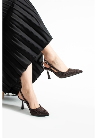 Lebibe Shoes Lısa Kadın Acı Kahve Sivri Burun 7 Cm Topuklu Çiçek Dantel Desenli Rugan Slingback Ayakkabı Kahverengi