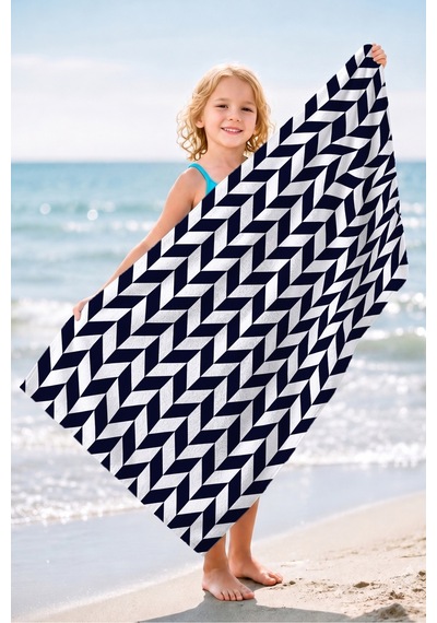 Zikzak Geometrik Lacivert Beyaz Plaj Havlusu - Modern Marine Chevron Hızlı Kuruyan Mikrofiber Havlu Sakin Melon