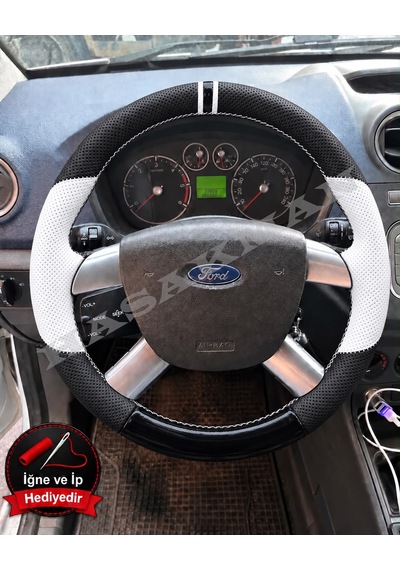 Ford C-max Dikme Direksiyon Kılıfı Delikli Deri Parlak Siyah Beyaz Detay Çift Yüzük Ve Dikiş 2007-2010