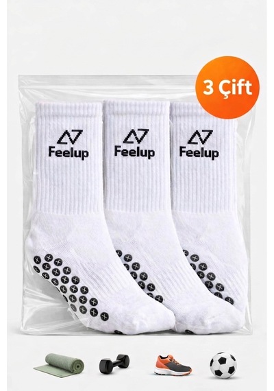 Feelup 3 Çift Kaydırmaz Taban Futbol Ve Halı Saha Çorabı Beyaz - Yoga, Pilates Uyumlu Dikişsiz