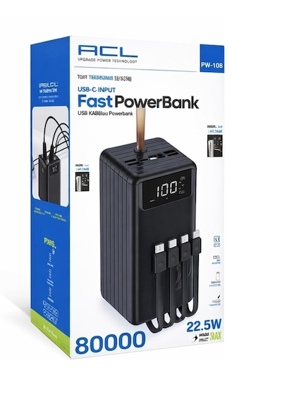 Hızlı Powerbank 80.000mah Pw-108 Hızlı Şarj 22.5w Lcd Gösterge, Dahili Lightning, Type-c Ve Micro Kablolu 7 Portlu Usb Hub siyah