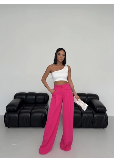 Defymoda Üç Düğme Detayli Palazzo Pantolon Fuşya