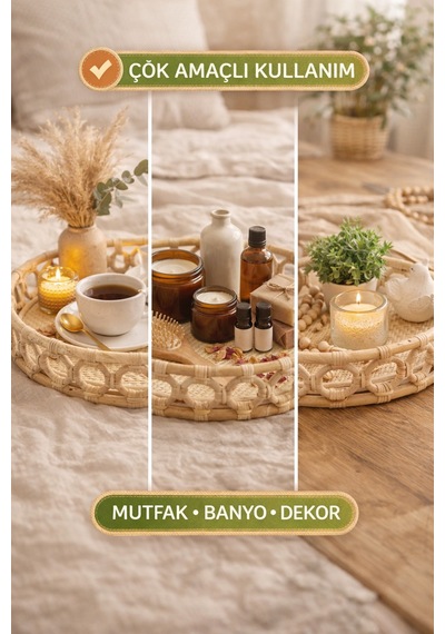 El Yapımı Doğal Rattan Tepsi Yuvarlak Sunum Kahve Servis Dekoratif Tepsi 30x7 Cm