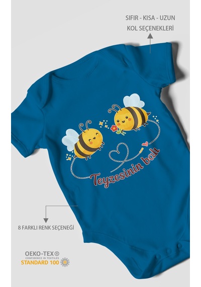 Morivokids Teyzesinin Balı Kısa Kollu Bebek Body %100 Pamuk Koyu Mavi
