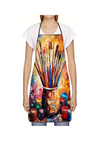 Valkyrie Ressam Temalı Mutfak Önlüğü Boya Fırçası Baskılı Cepli Ayarlanabilir Askılı Mutfak Servis Hobi Önlüğü Çok Renkli