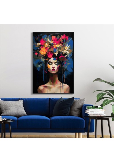 Yağlı Boya Dokulu Tablo Modern Çiçek Saçlı Kadın Siyah Çerçeveli U05013-178965