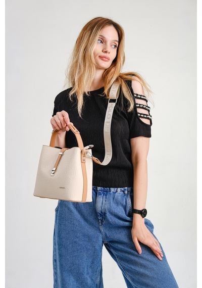 Just Polo Kadın Orta Boy 3 Bölmeli Ayarlanabilir Askılı Şık El & Omuz Çantası Shoulder Bag Ebat : 22 X 20 Cm Krem - Taba 90902997
