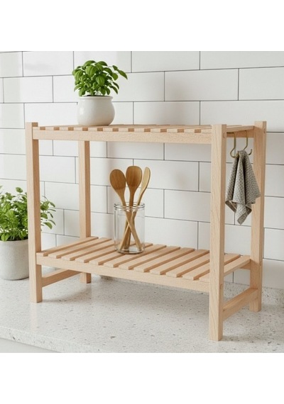 Mutfak Ahşap Tezgah Üstü Düzenleyici - 2 Katlı Baharatlık Rafı - Doğal Ahşap - 50x40 Cm Diğer