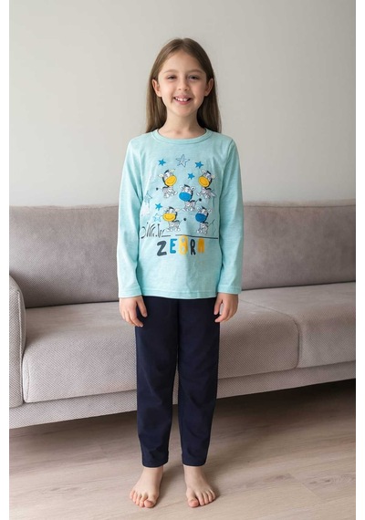 Çocuk Pijama Takımı %100 Pamuk Zebra Desenli Mavi