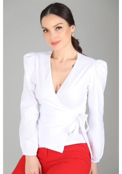 Sweetness Kadın Beyaz Kruvaze Model Likralı Gömlek Beyaz