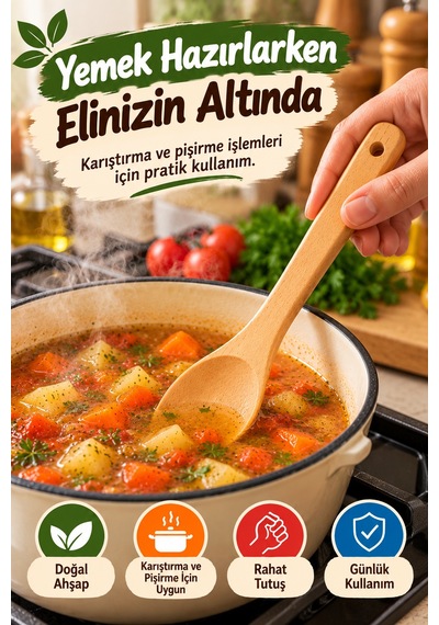 23 Cm Doğal Ahşap Yemek Kaşığı Tahta Pişirme Karıştırma Servis Kaşığı Mutfak Gereci Asma Delikli Tip