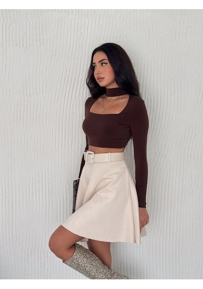 Ozy Fashion Kadın Krem Rengi Midi Boy Kemerli Süet Kloş Etek Krem